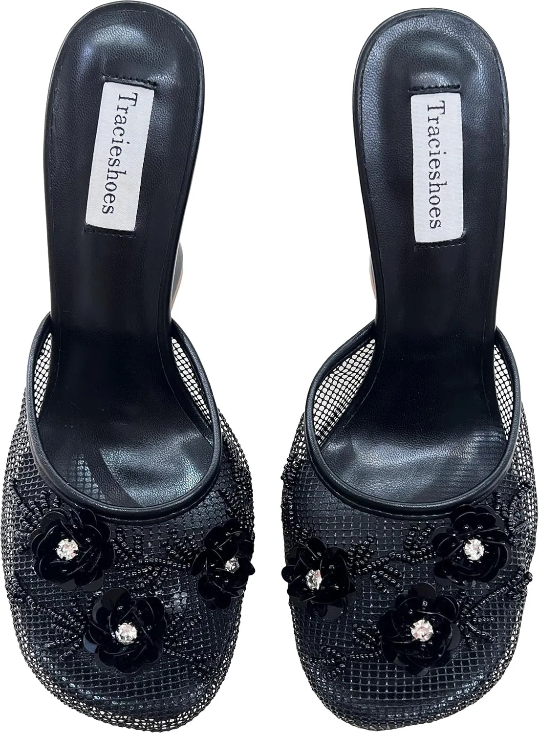 Women's Mesh Mule Slip On Sandals With Floral Sequin Embellishments Round Toe Wedge Heel Slides Slippers 4 Inch