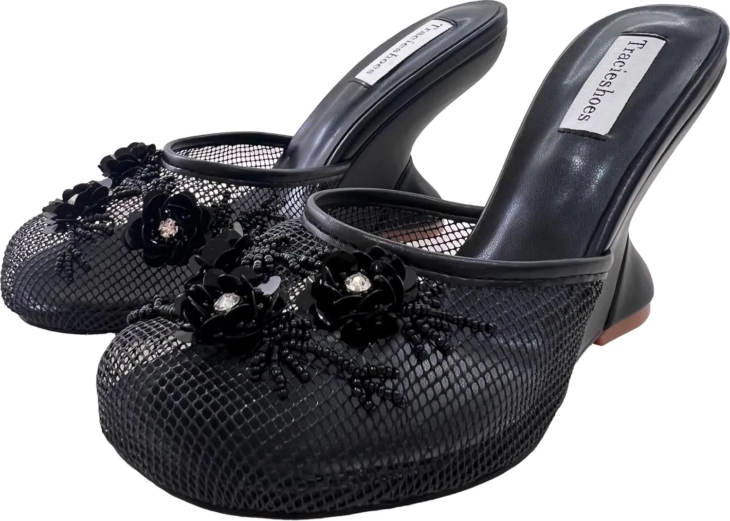 Women's Mesh Mule Slip On Sandals With Floral Sequin Embellishments Round Toe Wedge Heel Slides Slippers 4 Inch
