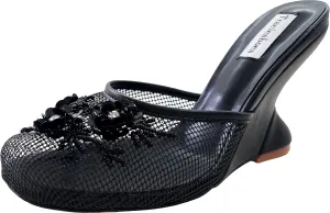 Women's Mesh Mule Slip On Sandals With Floral Sequin Embellishments Round Toe Wedge Heel Slides Slippers 4 Inch