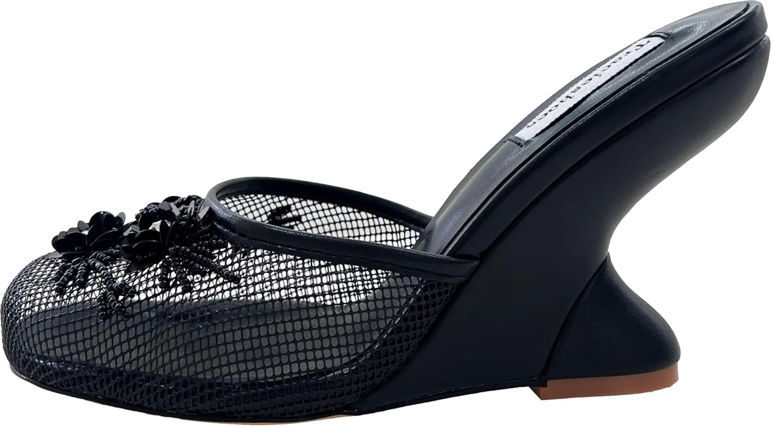 Women's Mesh Mule Slip On Sandals With Floral Sequin Embellishments Round Toe Wedge Heel Slides Slippers 4 Inch