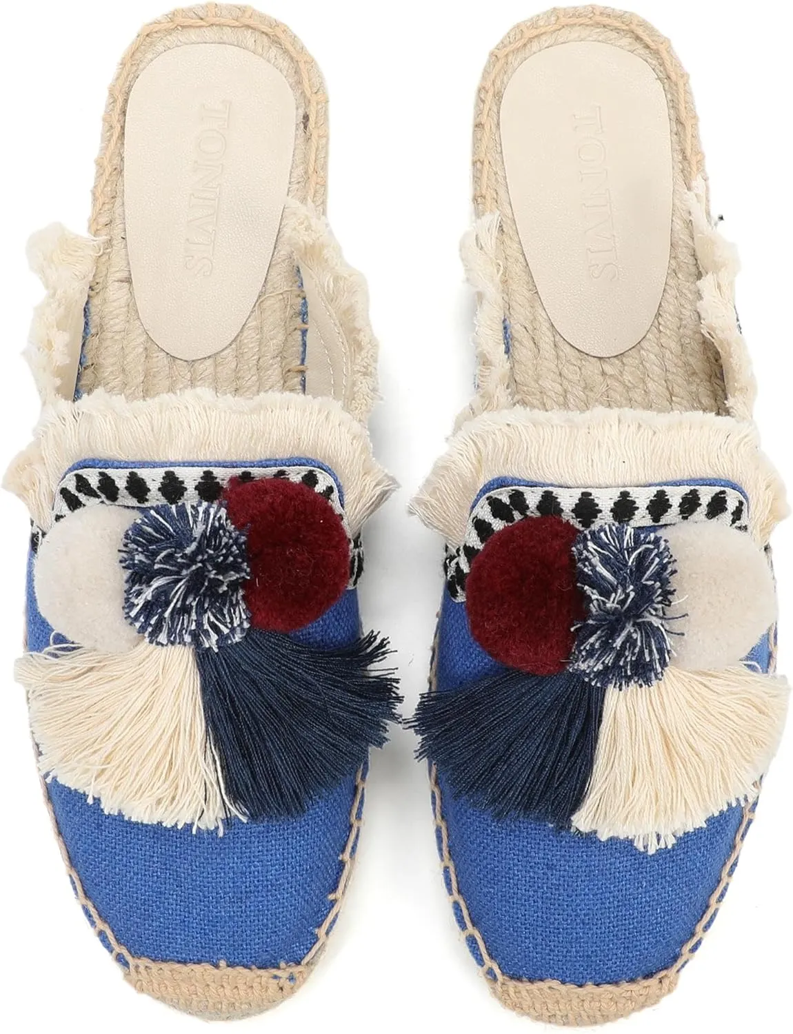 Women's Mule Flat Shoes with Tassel & Pompom, Espadrilles Slides Backless Slipper Slip on Shoes