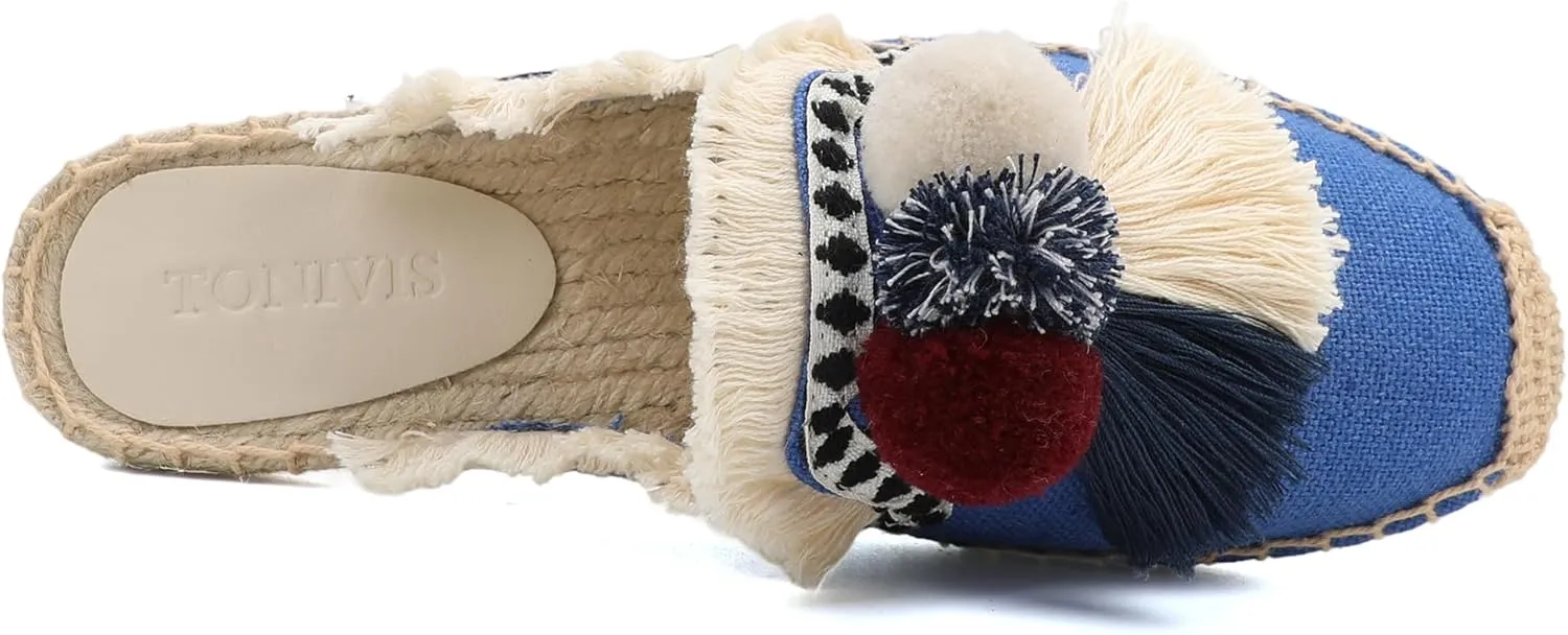 Women's Mule Flat Shoes with Tassel & Pompom, Espadrilles Slides Backless Slipper Slip on Shoes