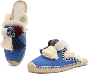 Women's Mule Flat Shoes with Tassel & Pompom, Espadrilles Slides Backless Slipper Slip on Shoes