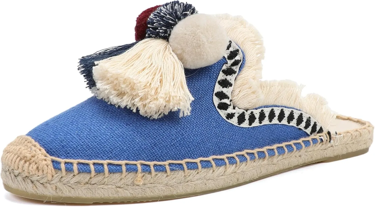 Women's Mule Flat Shoes with Tassel & Pompom, Espadrilles Slides Backless Slipper Slip on Shoes