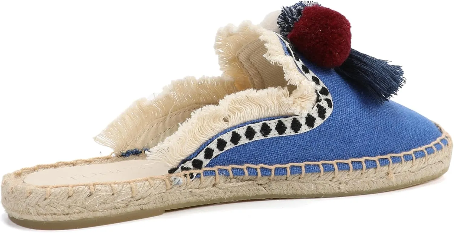 Women's Mule Flat Shoes with Tassel & Pompom, Espadrilles Slides Backless Slipper Slip on Shoes