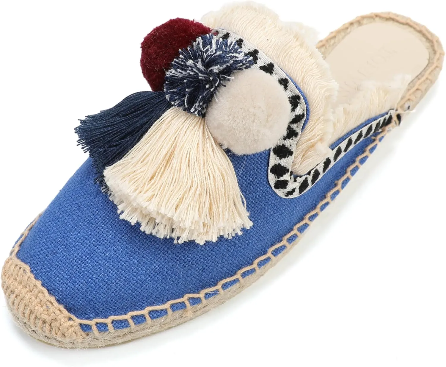 Women's Mule Flat Shoes with Tassel & Pompom, Espadrilles Slides Backless Slipper Slip on Shoes
