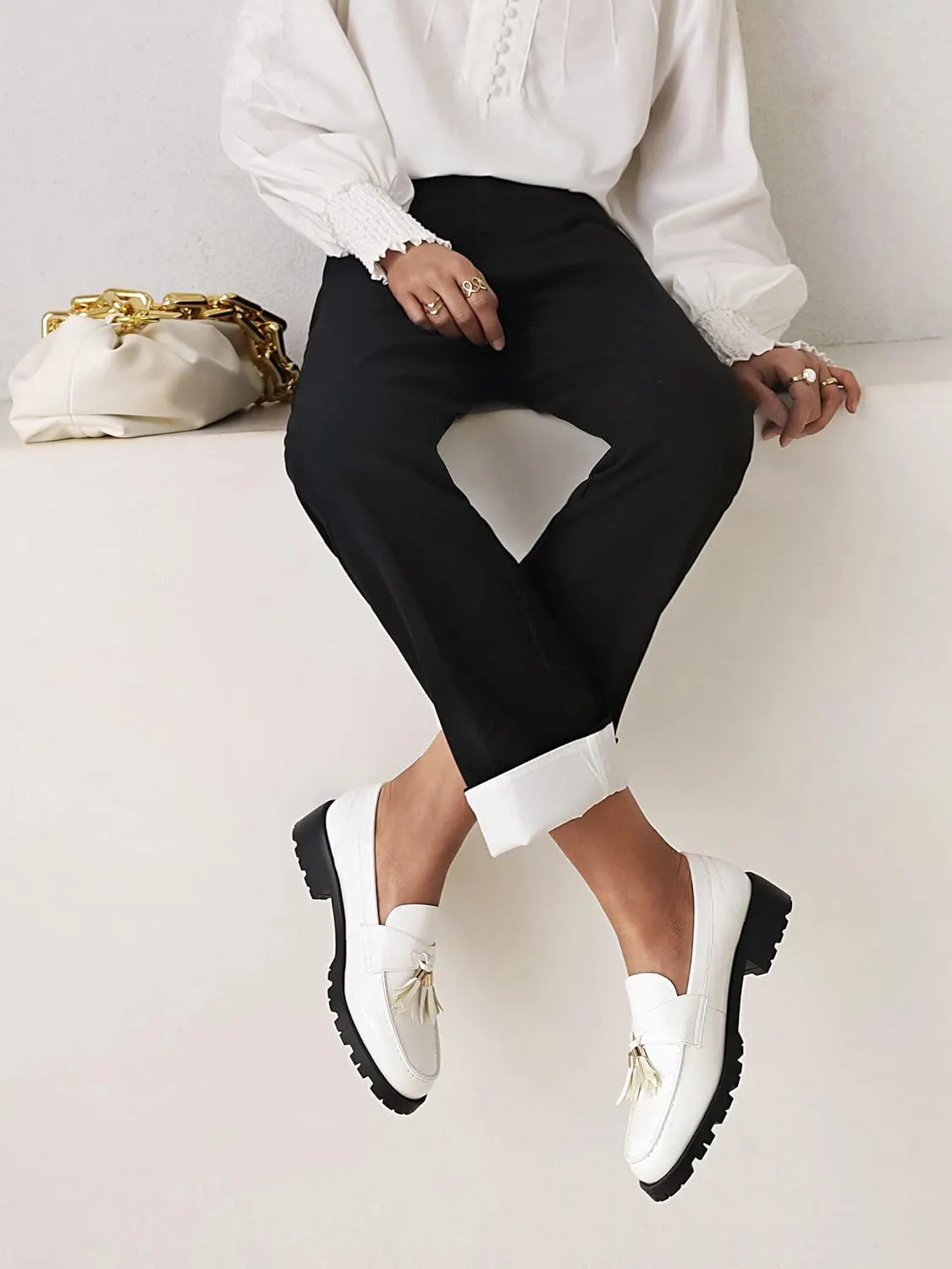 Women's Patent Leather Tassel Chunky Loafer Casual Slip On Platform Loafer Work Shoes