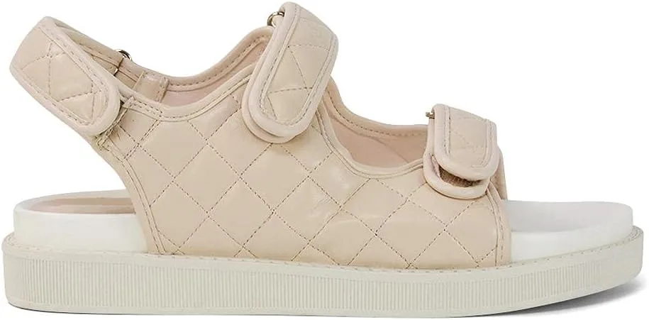 Womens Quilted Double Strap Flat Dad Sandals Ladies Flexible Sole Synthetic Leather Shoes