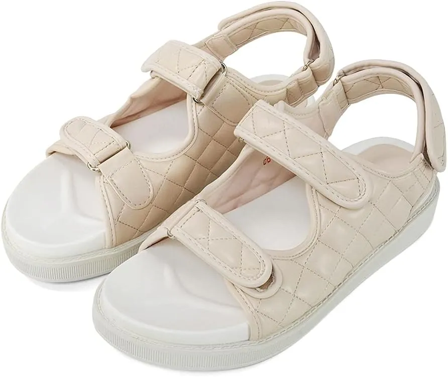 Womens Quilted Double Strap Flat Dad Sandals Ladies Flexible Sole Synthetic Leather Shoes