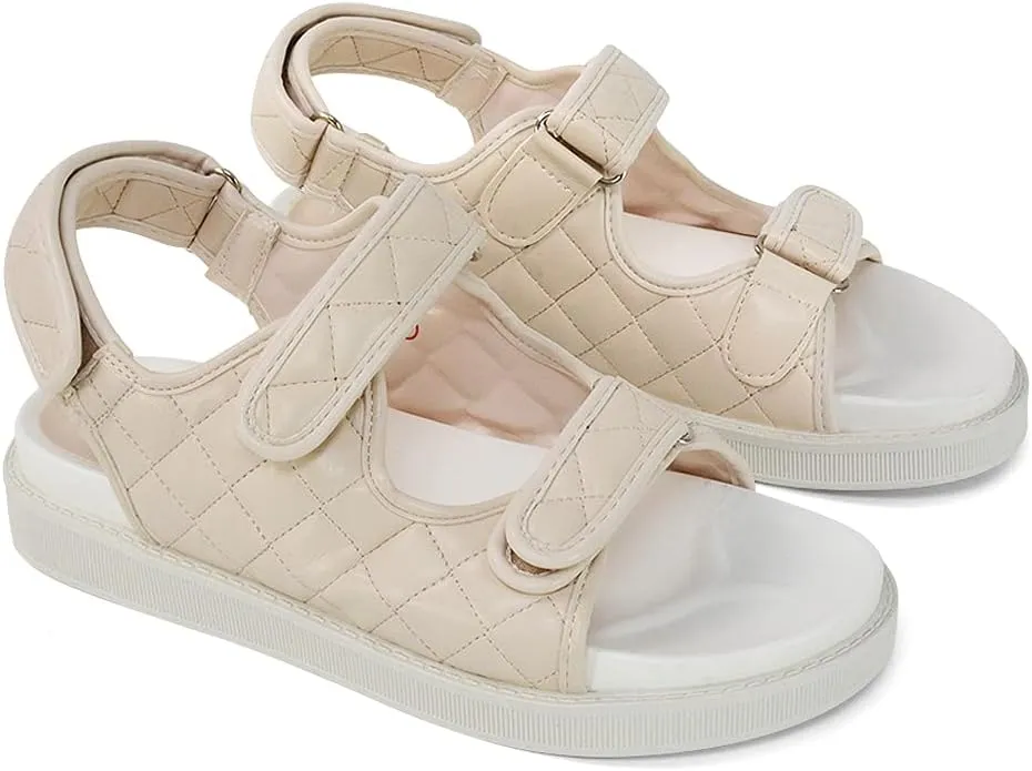 Womens Quilted Double Strap Flat Dad Sandals Ladies Flexible Sole Synthetic Leather Shoes