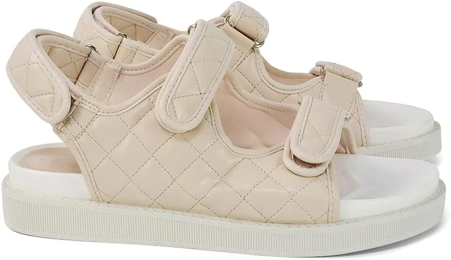 Womens Quilted Double Strap Flat Dad Sandals Ladies Flexible Sole Synthetic Leather Shoes