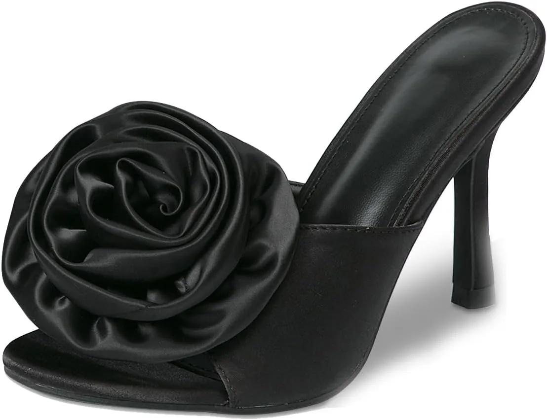 Women's Sexy Floral High Heels Mule Open Toe Slip On Stiletto Heel Dress Sandals