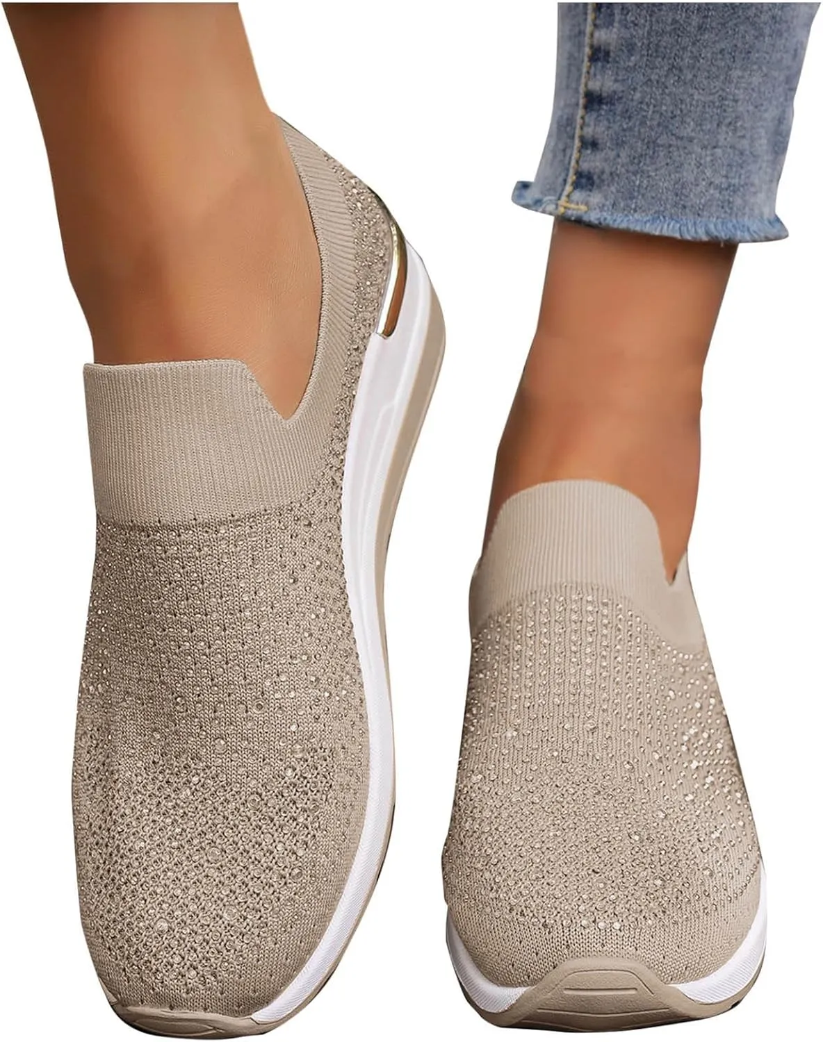 Women's Slip on Loafer Shoes Rhinestone Mesh Casual Flat Nurse Walking Sneaker Knit Comfort Classic Low Wedge Shoes