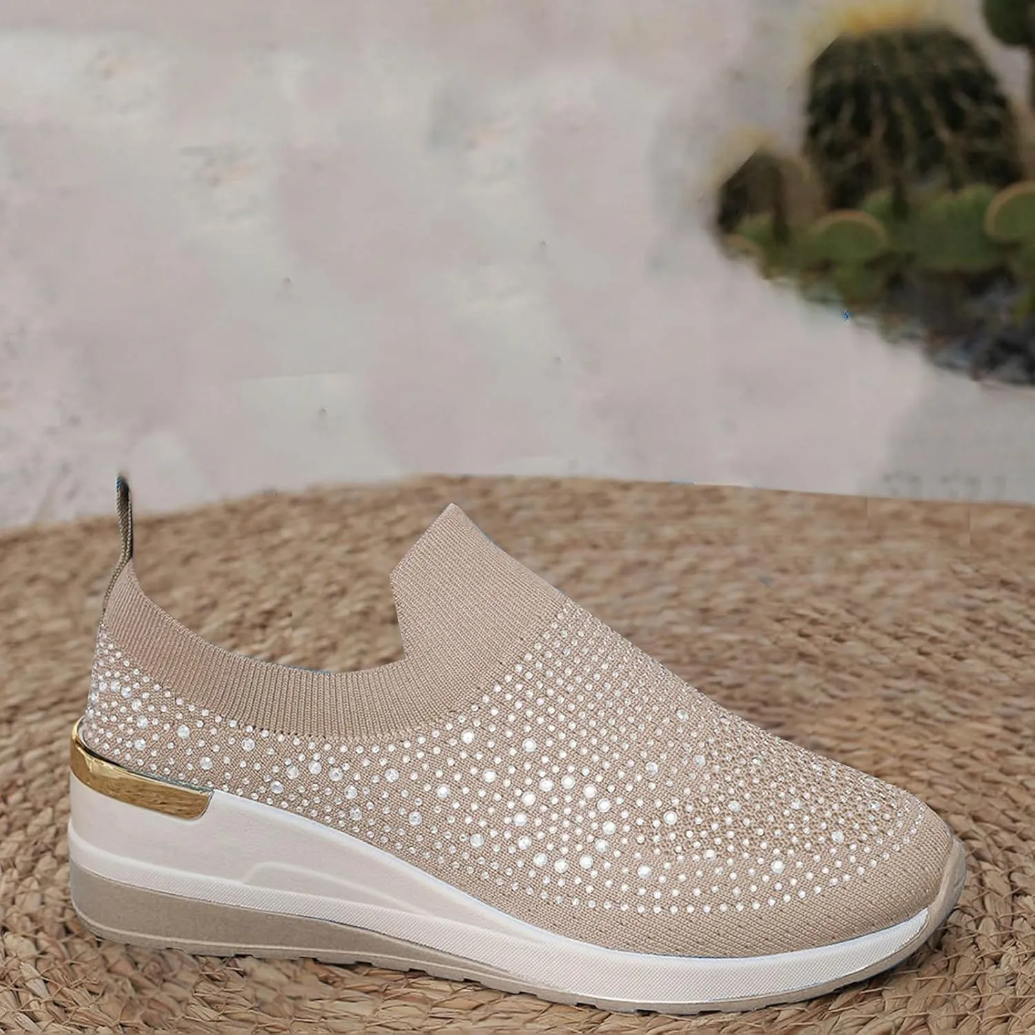 Women's Slip on Loafer Shoes Rhinestone Mesh Casual Flat Nurse Walking Sneaker Knit Comfort Classic Low Wedge Shoes