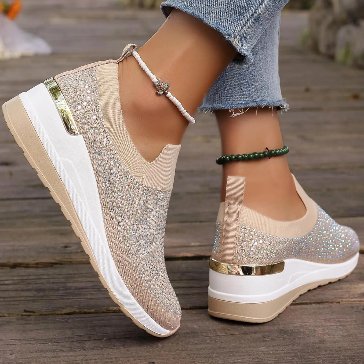Women's Slip on Loafer Shoes Rhinestone Mesh Casual Flat Nurse Walking Sneaker Knit Comfort Classic Low Wedge Shoes