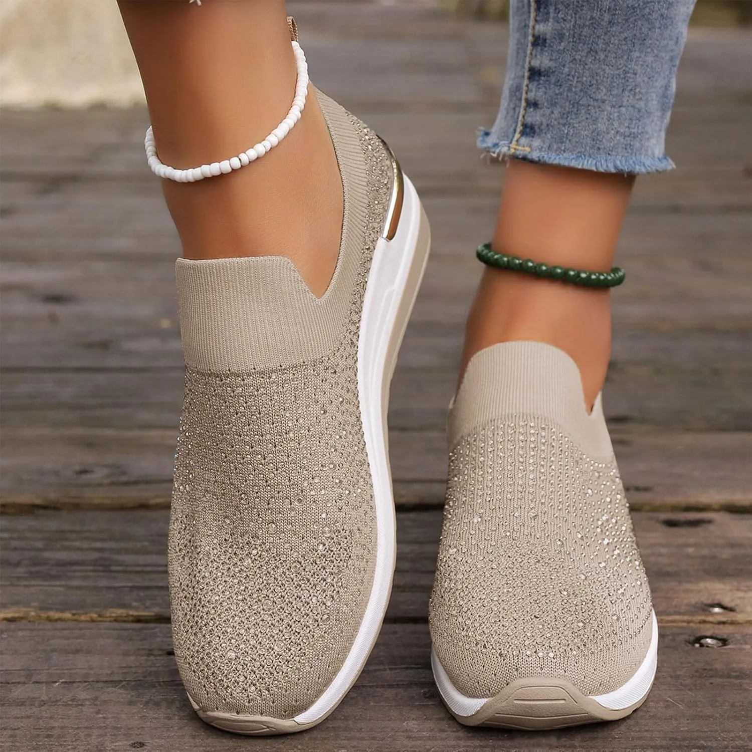 Women's Slip on Loafer Shoes Rhinestone Mesh Casual Flat Nurse Walking Sneaker Knit Comfort Classic Low Wedge Shoes