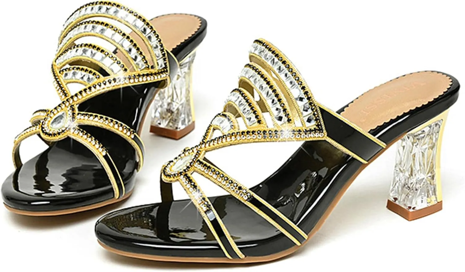 Women's Strappy Rhinestones Block Heel Slide Sandals Sparkle Bling Open Round Toe Slip On Crystal Mule Chunky Heels-2.75In Wedding Party Dress Shoe