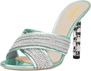 XYD Women Cross Strap Slip On Rhinestones Slide Sandals High Metallic Chain Chunky Heel Open Toe Mule Slippers Party Event Dress Shoes
