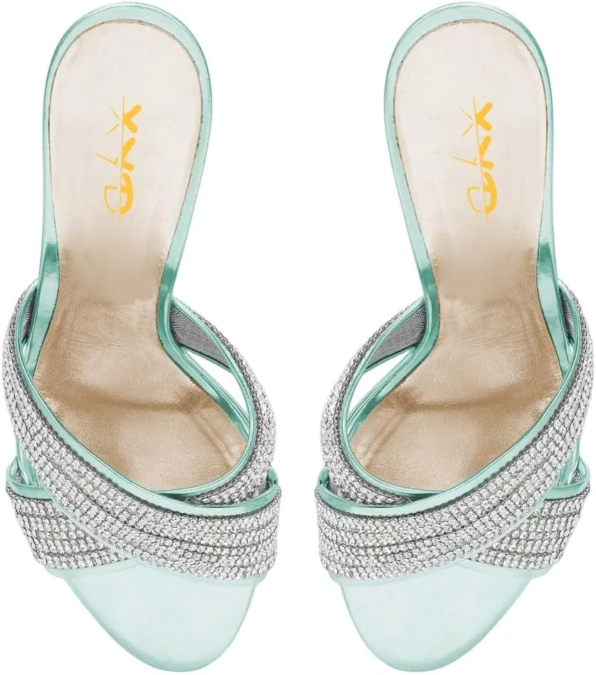 XYD Women Cross Strap Slip On Rhinestones Slide Sandals High Metallic Chain Chunky Heel Open Toe Mule Slippers Party Event Dress Shoes