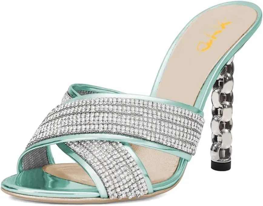 XYD Women Cross Strap Slip On Rhinestones Slide Sandals High Metallic Chain Chunky Heel Open Toe Mule Slippers Party Event Dress Shoes