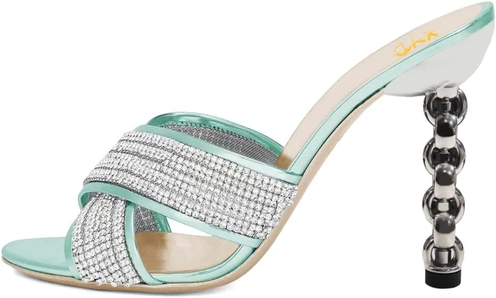 XYD Women Cross Strap Slip On Rhinestones Slide Sandals High Metallic Chain Chunky Heel Open Toe Mule Slippers Party Event Dress Shoes