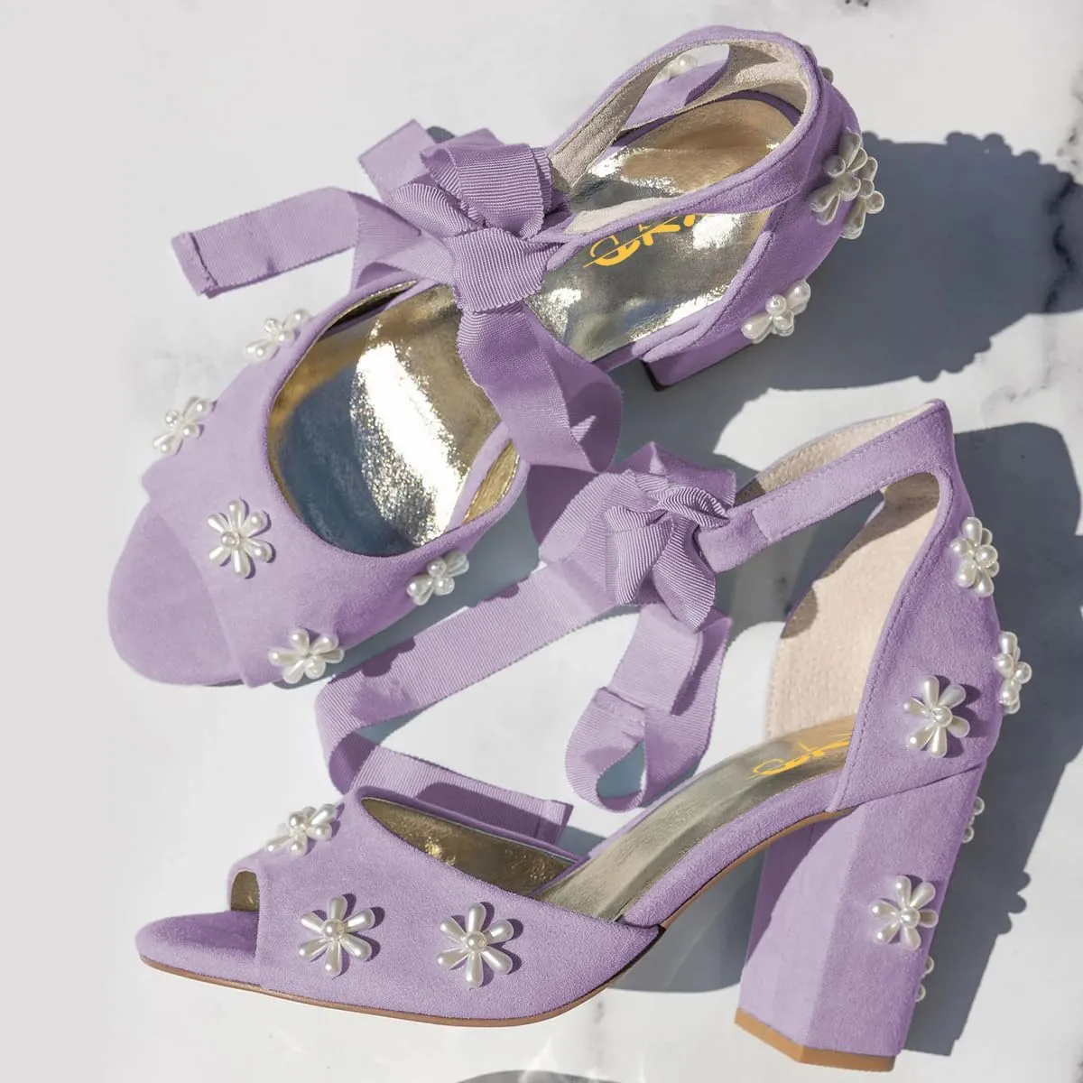 XYD Women Open Toe Sandals with Bloom Pearl Flower Ankle Strap Lace-up Chunky Block Heel Wedding Bridal Shoes