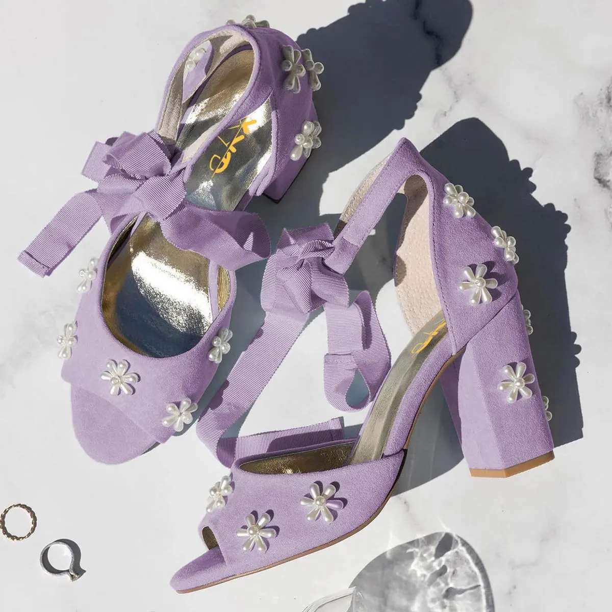 XYD Women Open Toe Sandals with Bloom Pearl Flower Ankle Strap Lace-up Chunky Block Heel Wedding Bridal Shoes