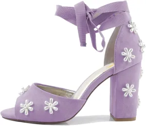 XYD Women Open Toe Sandals with Bloom Pearl Flower Ankle Strap Lace-up Chunky Block Heel Wedding Bridal Shoes
