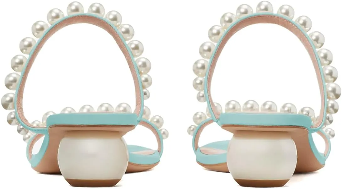 XYD Women Pearl Slide Sandals Spherical Low Heels Open Toe Beaded Two Straps Summer Casual Dress Slippers Shoes