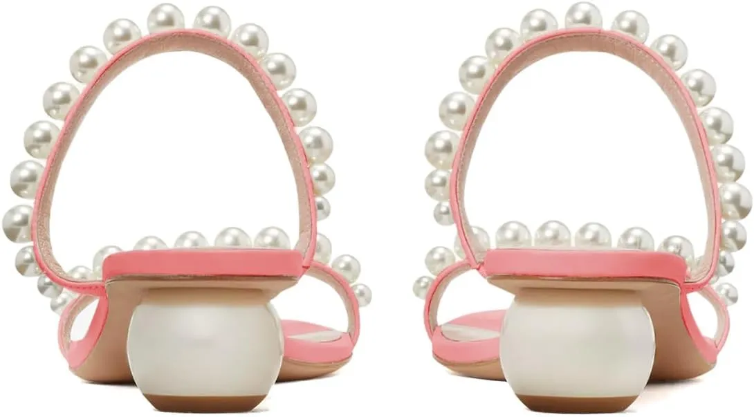 XYD Women Pearl Slide Sandals Spherical Low Heels Open Toe Beaded Two Straps Summer Casual Dress Slippers Shoes