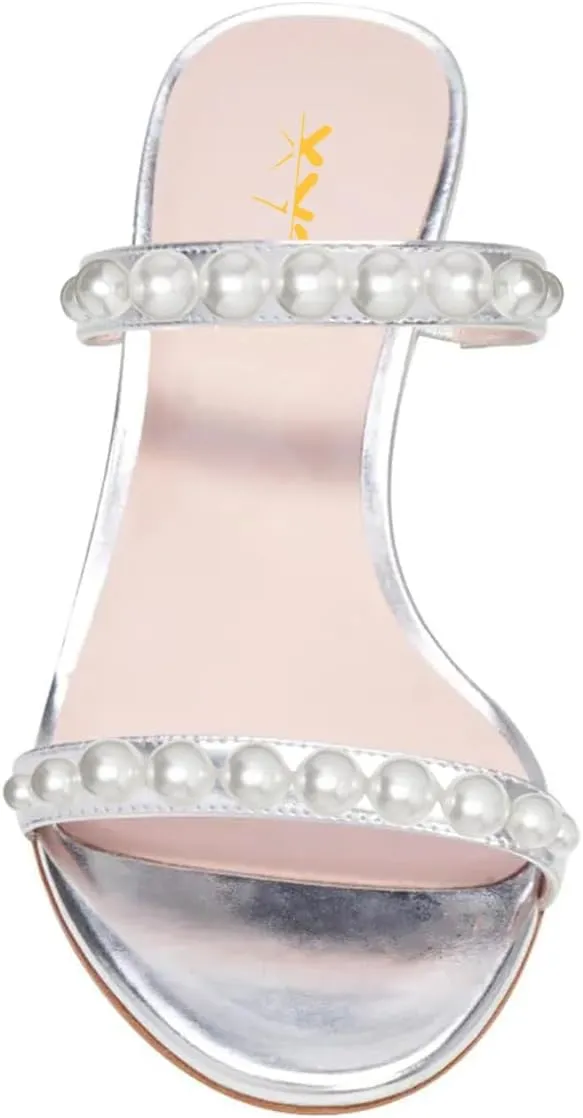 XYD Women Pearl Slide Sandals Spherical Low Heels Open Toe Beaded Two Straps Summer Casual Dress Slippers Shoes