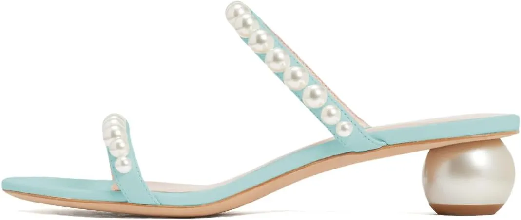 XYD Women Pearl Slide Sandals Spherical Low Heels Open Toe Beaded Two Straps Summer Casual Dress Slippers Shoes