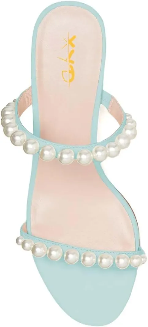 XYD Women Pearl Slide Sandals Spherical Low Heels Open Toe Beaded Two Straps Summer Casual Dress Slippers Shoes