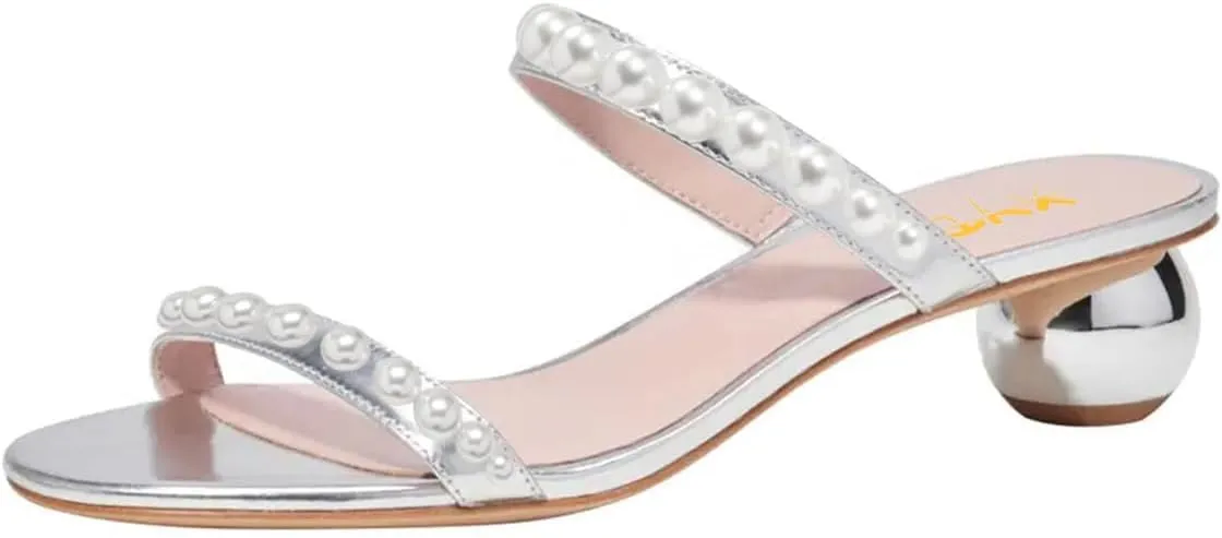 XYD Women Pearl Slide Sandals Spherical Low Heels Open Toe Beaded Two Straps Summer Casual Dress Slippers Shoes