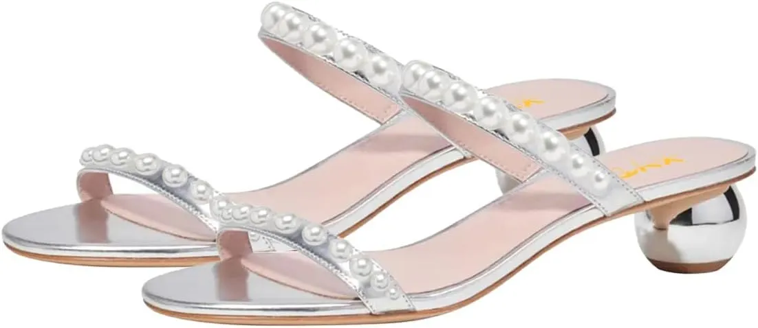 XYD Women Pearl Slide Sandals Spherical Low Heels Open Toe Beaded Two Straps Summer Casual Dress Slippers Shoes