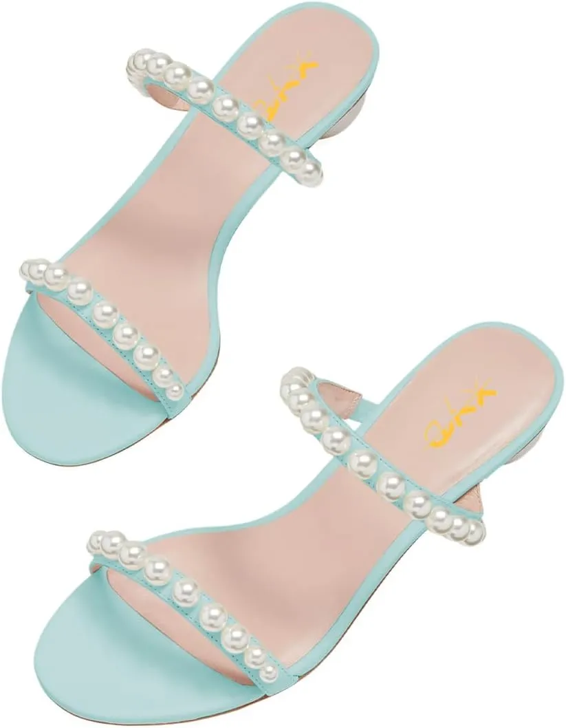 XYD Women Pearl Slide Sandals Spherical Low Heels Open Toe Beaded Two Straps Summer Casual Dress Slippers Shoes