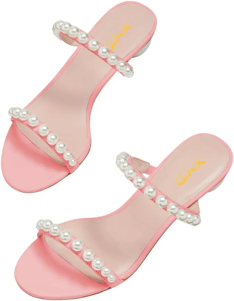 XYD Women Pearl Slide Sandals Spherical Low Heels Open Toe Beaded Two Straps Summer Casual Dress Slippers Shoes