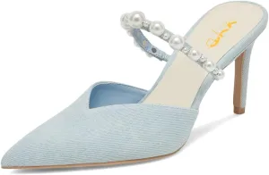 XYD Women Pointed Closed Toe Mules Single Strap Slip On Mid High Heels Sandals Stilettos Chic Ladies Spring Summer Dress Wedding Party Shoes