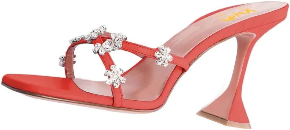 XYD Women's Flare High Heel Slides Sandals with Flower Rhinestones Open Square Toe Crossover Strap Dress Outdoor Wedding Mule Shoes