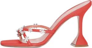 XYD Women's Flare High Heel Slides Sandals with Flower Rhinestones Open Square Toe Crossover Strap Dress Outdoor Wedding Mule Shoes