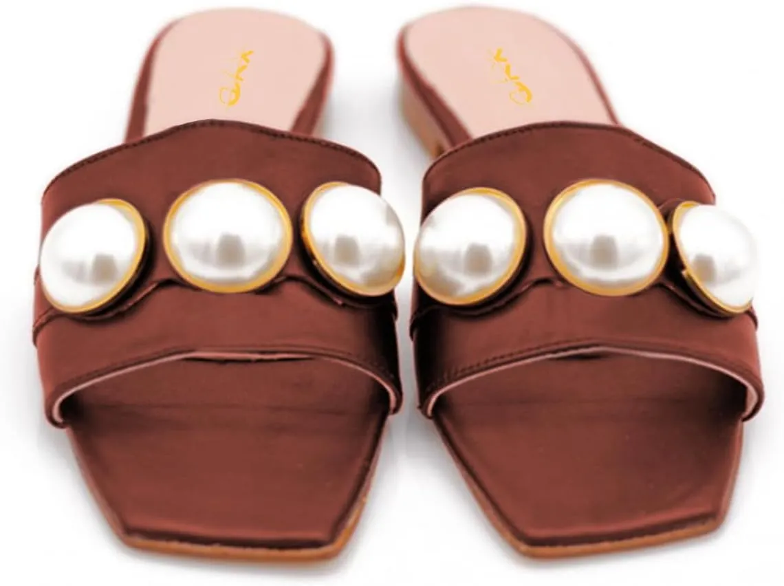 XYD Womens Square Open Toe Flat Beach Sandals Slip On Mule Slides Glossy Pearls Embellished Slipper Fashion Summer Dressy Shoes