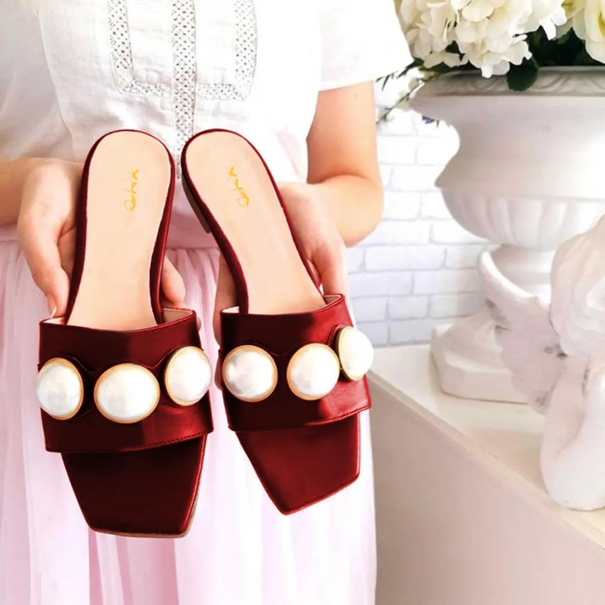 XYD Womens Square Open Toe Flat Beach Sandals Slip On Mule Slides Glossy Pearls Embellished Slipper Fashion Summer Dressy Shoes