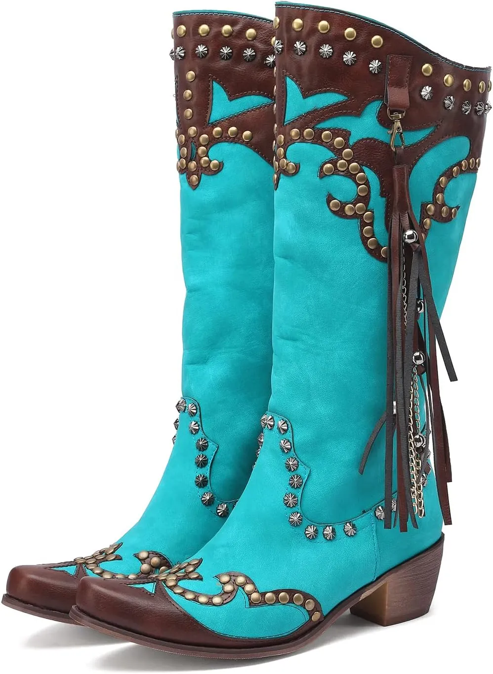 YIYA Women's Star Cowboy Boots Black and White Cowgirl Boots with White Stars Pointed Toe Chunky Low Heel Pull-On Wide Calf Western Embroidered Boots