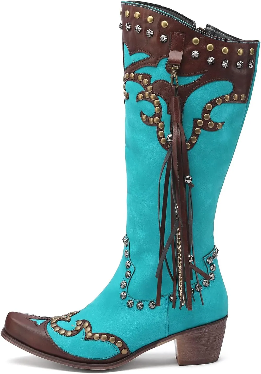 YIYA Women's Star Cowboy Boots Black and White Cowgirl Boots with White Stars Pointed Toe Chunky Low Heel Pull-On Wide Calf Western Embroidered Boots
