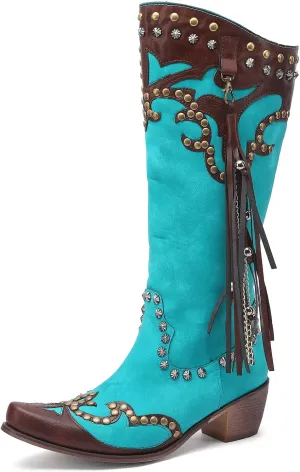 YIYA Women's Star Cowboy Boots Black and White Cowgirl Boots with White Stars Pointed Toe Chunky Low Heel Pull-On Wide Calf Western Embroidered Boots