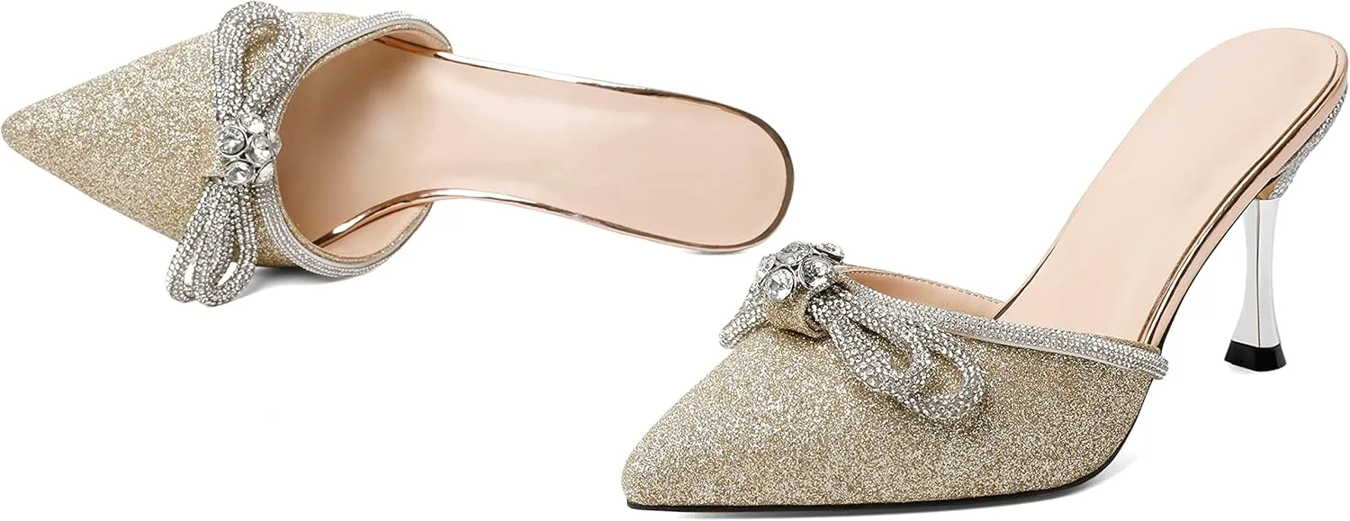 Zamikoo Women's Mule Sandals, Pointed Toe Slip On Stiletto Heel Sandals, High Heel Mules with Bowknot, Sparkly Rhinestone Heels for Summer 3.5 Inches