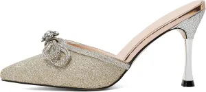 Zamikoo Women's Mule Sandals, Pointed Toe Slip On Stiletto Heel Sandals, High Heel Mules with Bowknot, Sparkly Rhinestone Heels for Summer 3.5 Inches