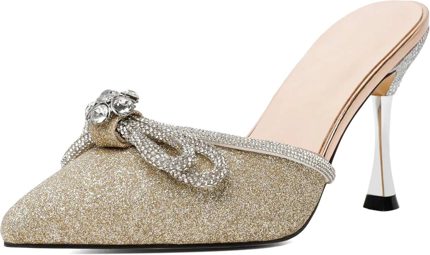 Zamikoo Women's Mule Sandals, Pointed Toe Slip On Stiletto Heel Sandals, High Heel Mules with Bowknot, Sparkly Rhinestone Heels for Summer 3.5 Inches